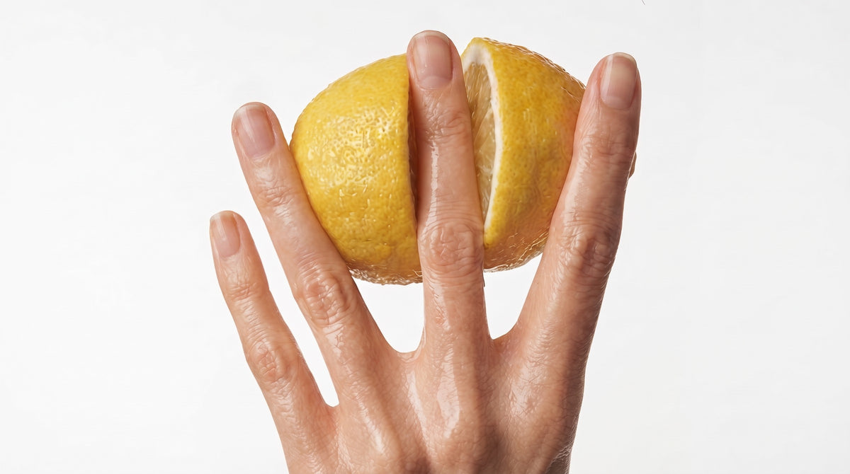 hand with healthy natural nails holding a lemon
